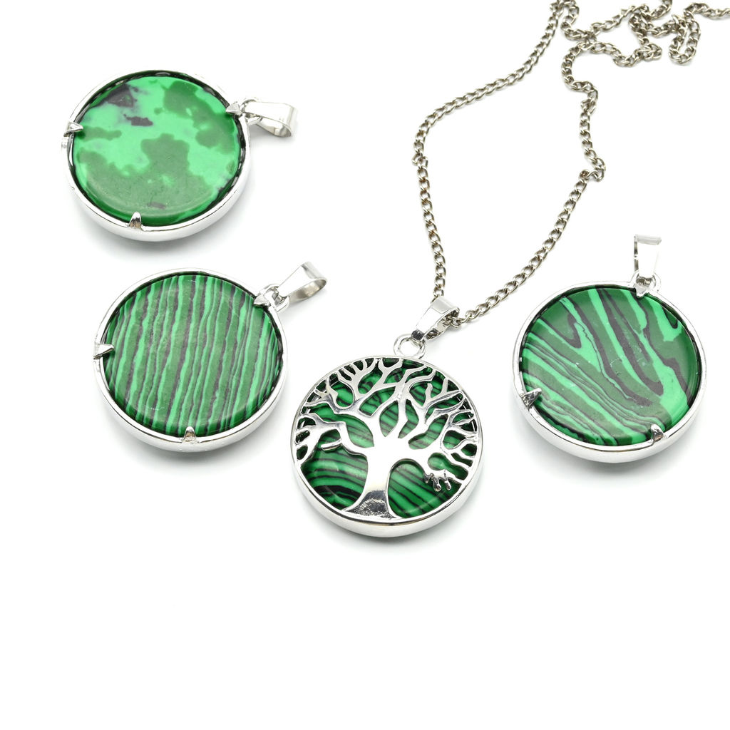 Подвеска Дерево двухсторонняя в металле с малахитом имитация 27*27мм