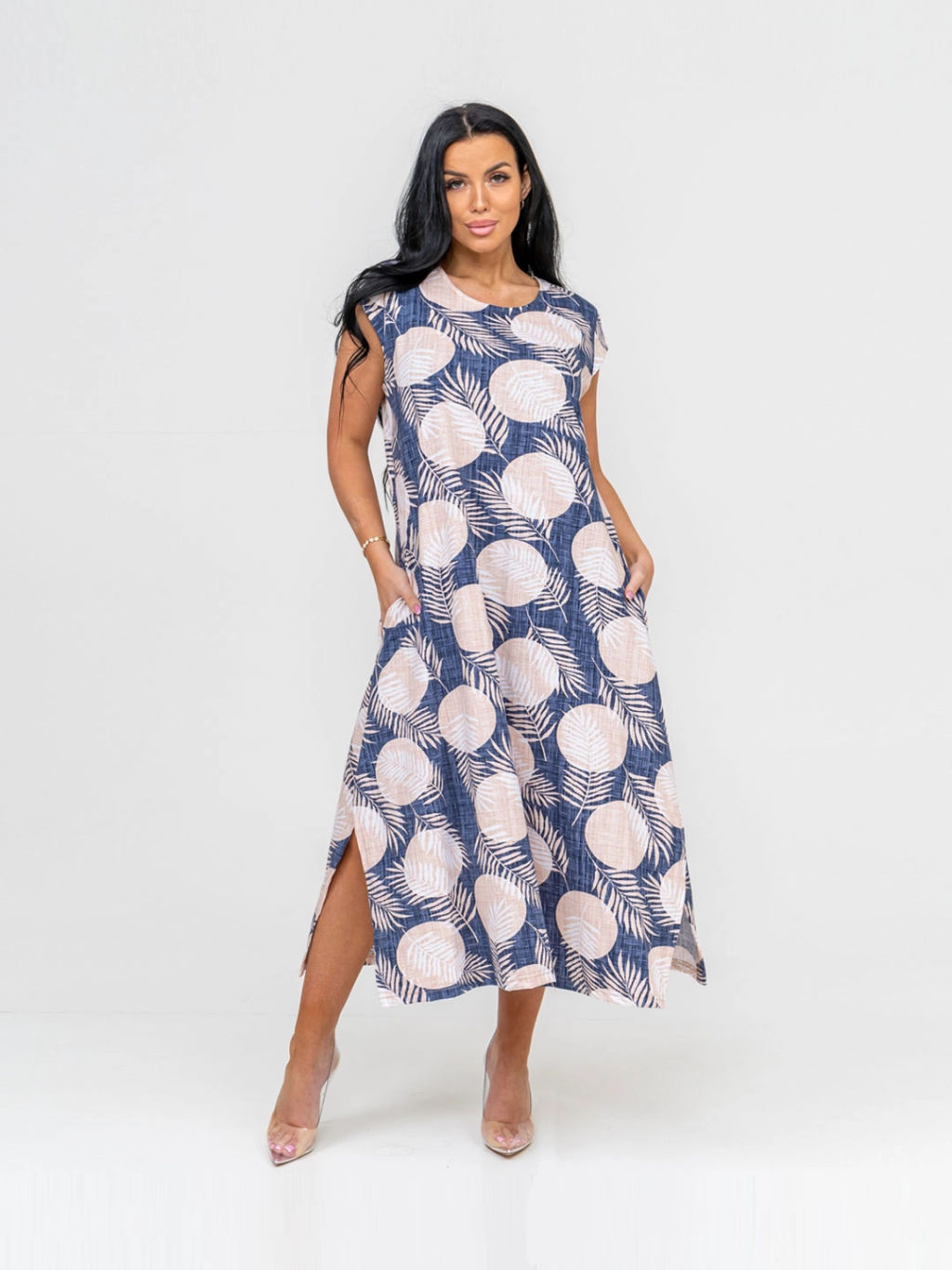 Платье женское, цвет синий бежевый