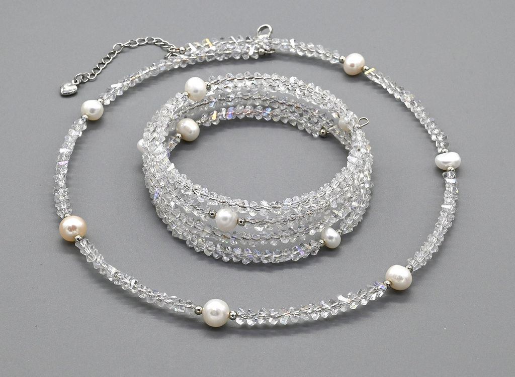 Чокер на шею и браслет в 4 ряда из алмазного стекла цв.хрусталь хамелеон, 37см, 17см Радуга камня  фото 7