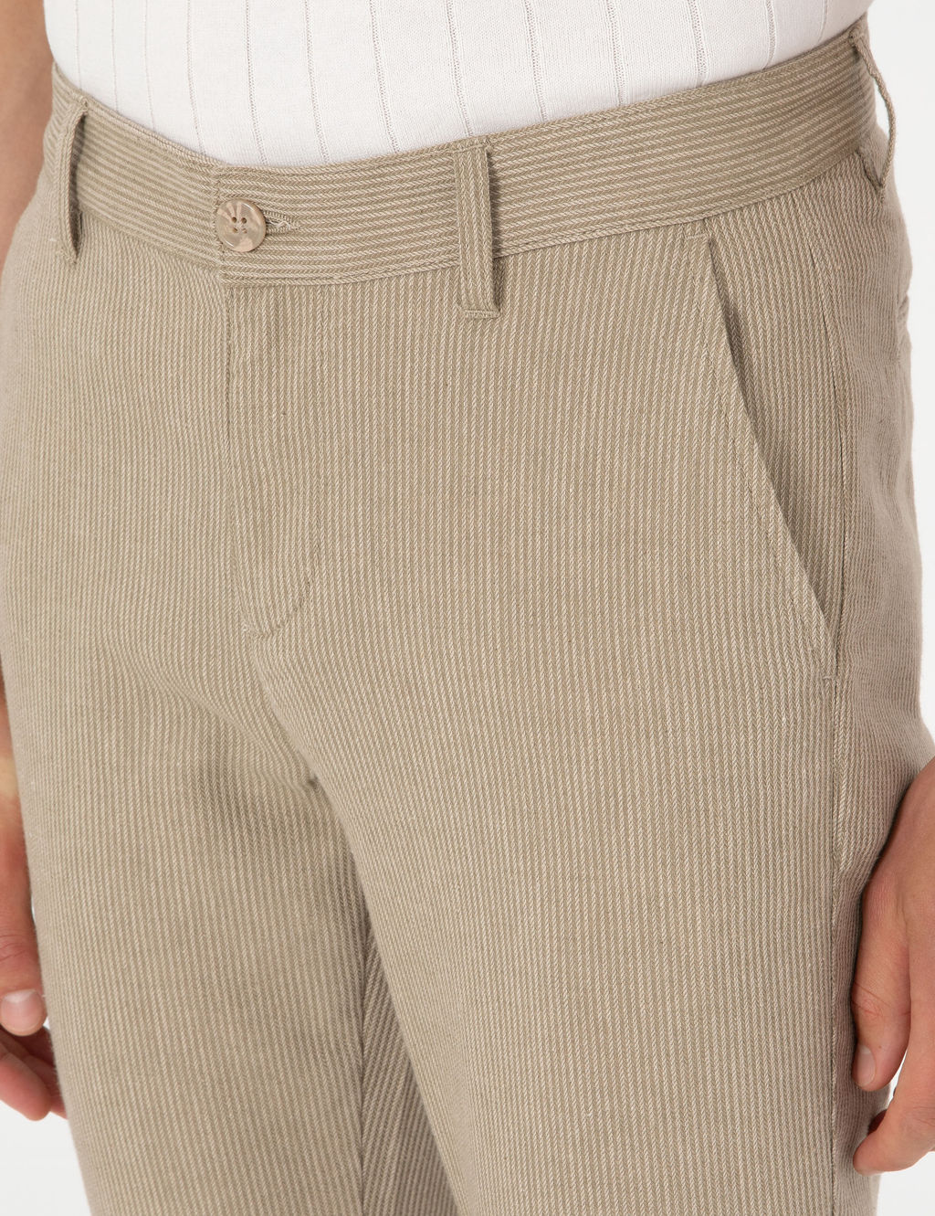 Haki Slim Fit Keten Kar___ml_ _izgili Kanvas Pantolon