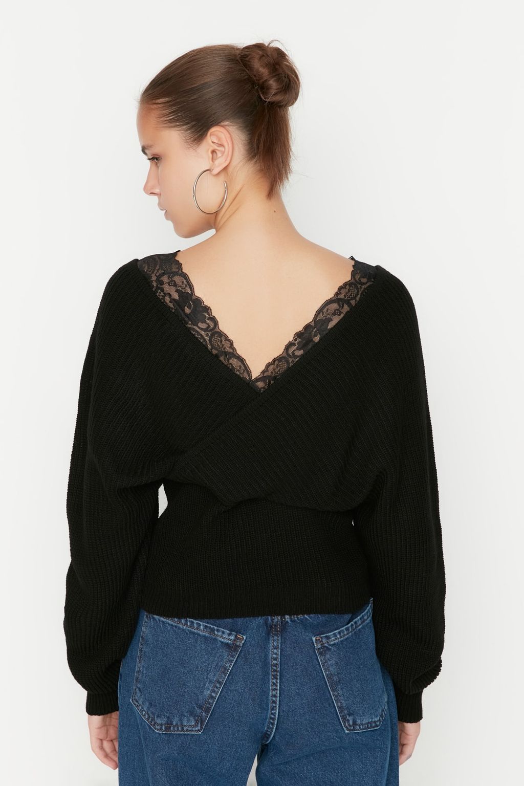 Siyah Kruvaze Dantel Garnili Triko Kazak TWOAW22KZ0522 - Trendyolmilla фото 5