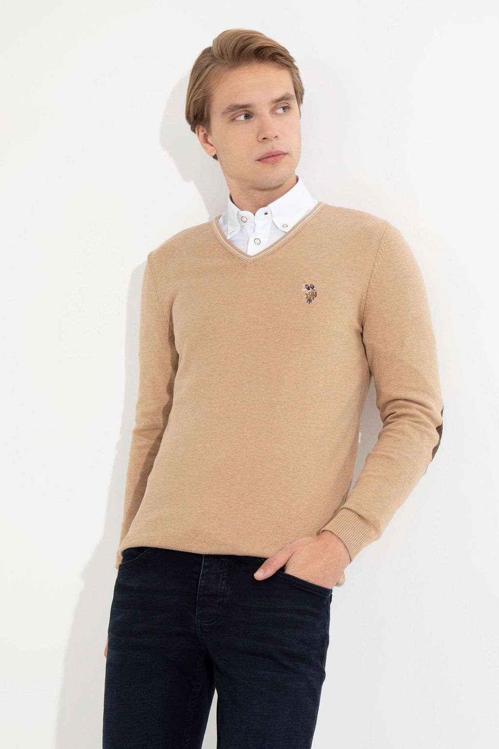 U. S. Polo Assn Мужской базовый свитер светло-коричневого меланжевого цвета - U.s. polo assn фото 4