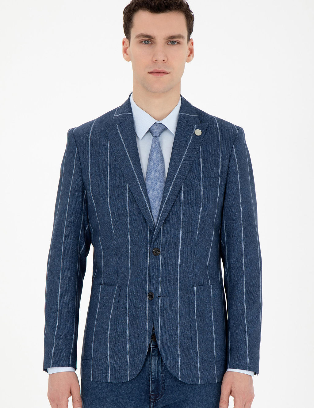 Lacivert Slim Fit _izgili Y_n Blazer Ceket