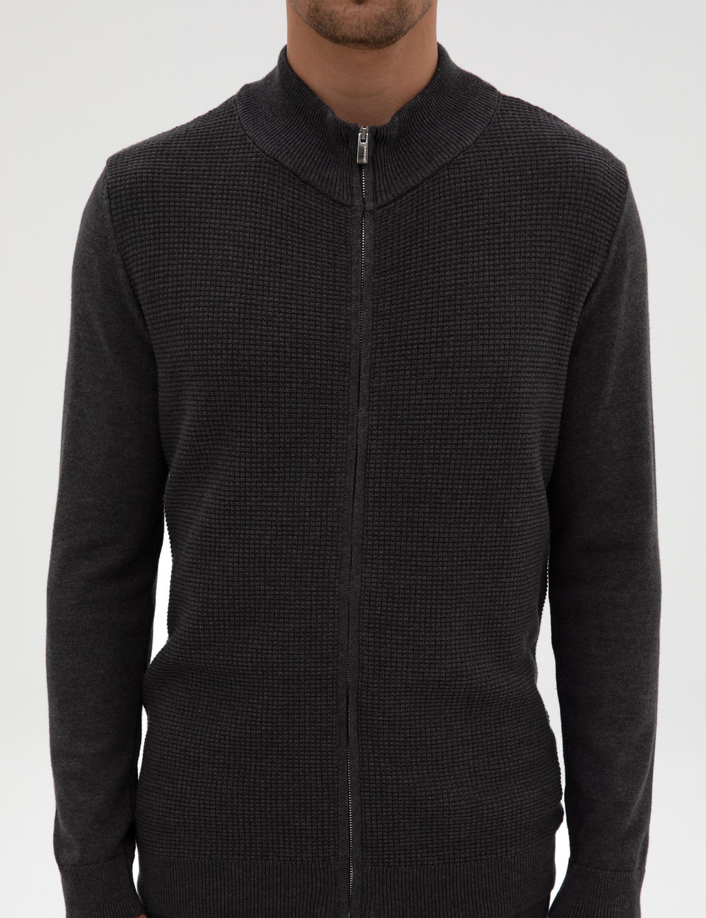 Koyu Antrasit Melanj Slim Fit Fermuarl_ Triko H_rka