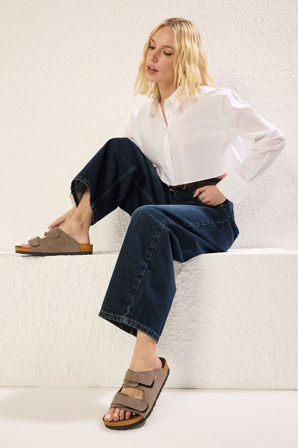 Trendyol Shoes Vizon Cift C?rt Bantl? Duz Kad?n Terlik TAKSS25TE00002 - Trendyolmilla фото 8
