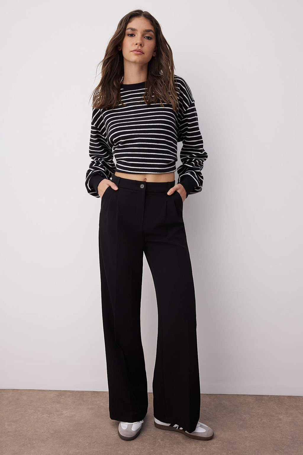 Siyah Pilili Wide Leg/Genis Paca Dokuma Pantolon TWOAW25PL00109 Palazzo