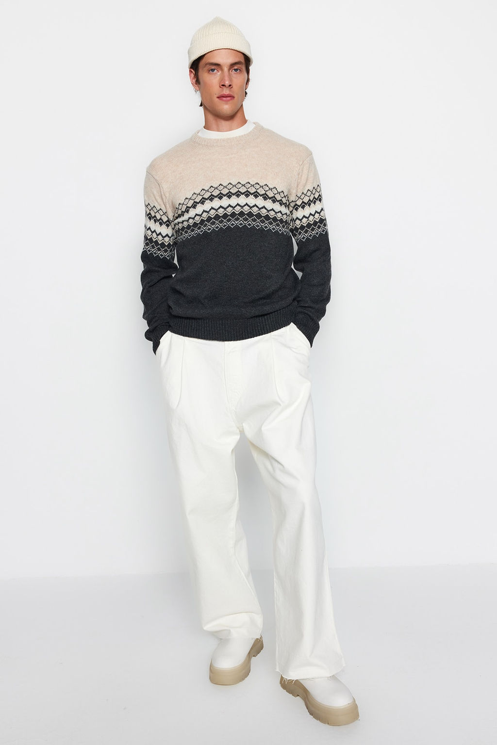 TRENDYOL MAN Antrasit Slim Fit Yunlu Bisiklet Yaka Panel Jakarl? Triko Kazak TMNAW21KZ0738 - Trendyolmilla фото 2