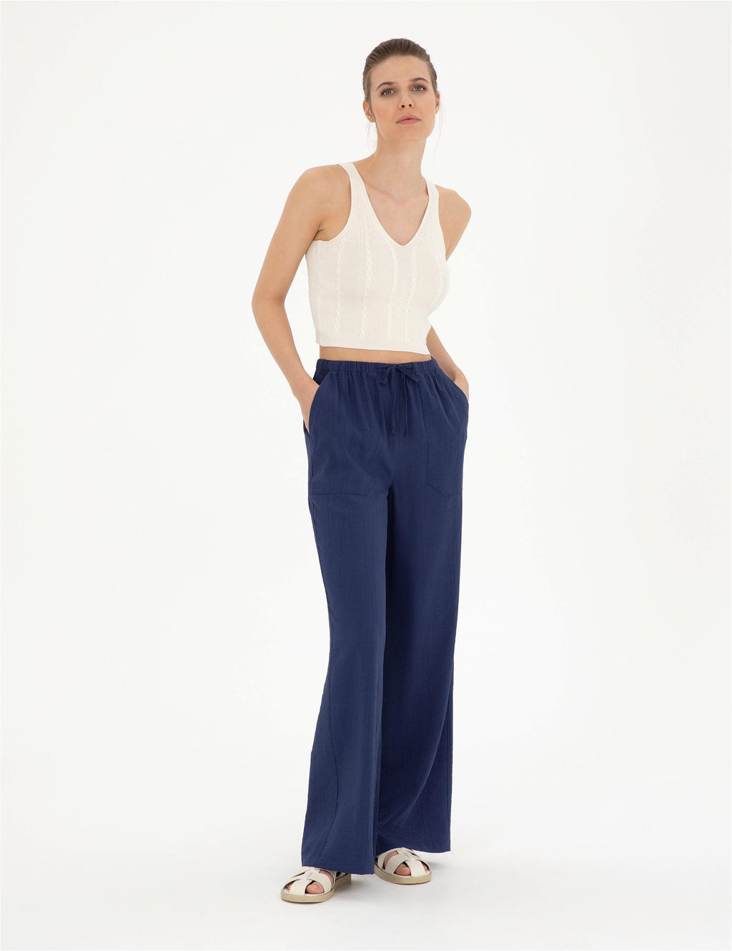 Lacivert Loose Fit Kanvas Pantolon