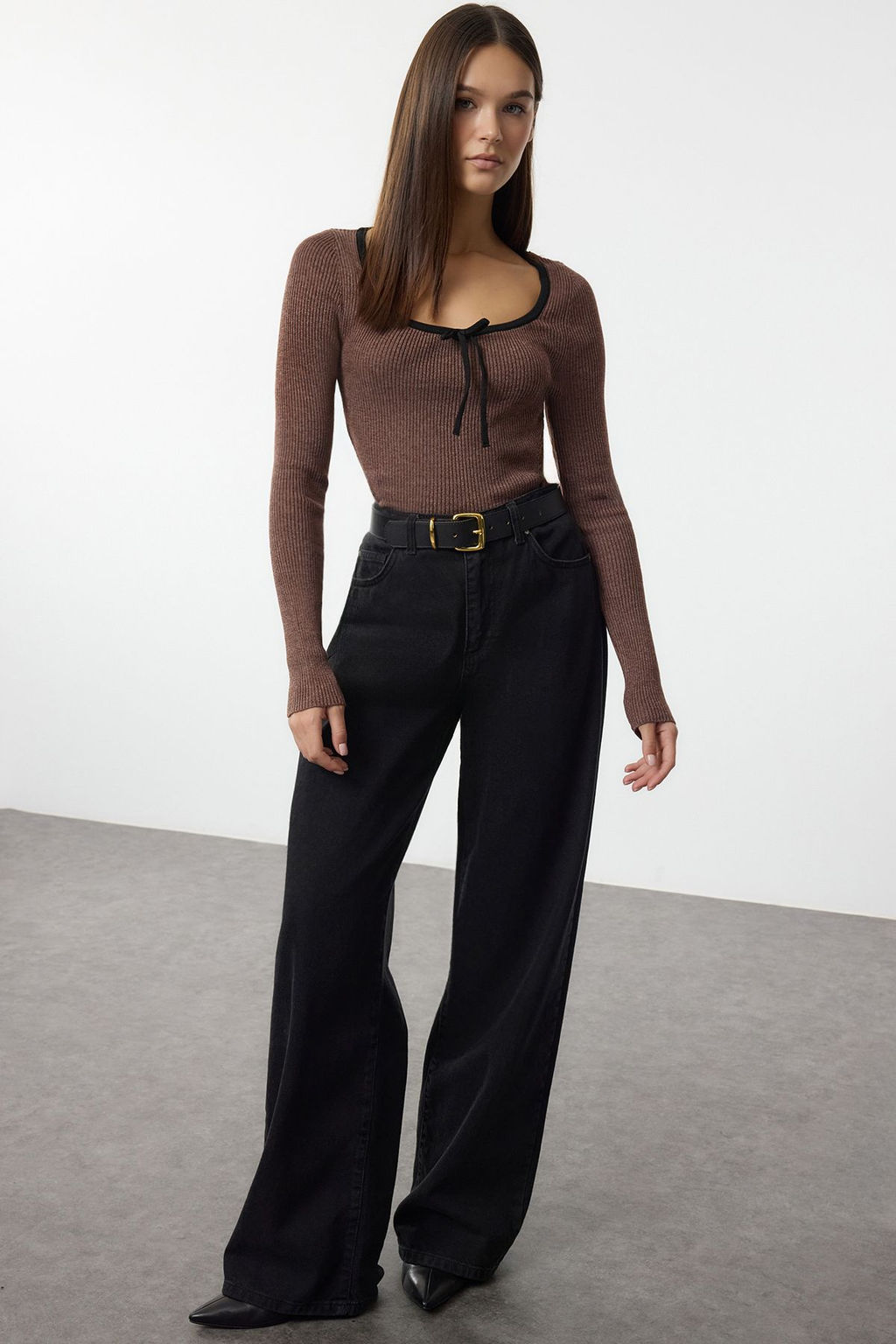 Siyah Merserize Gorunumlu Premium Iplik/Ozel Iplik Kurdele/Fiyonk Detayl? Triko Kazak TWOAW25KZ00207 - Trendyolmilla фото 9