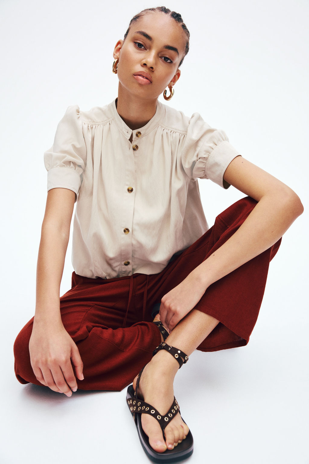 Pantal?n en mezcla de lino con cord?n de ajuste - H&m фото 7