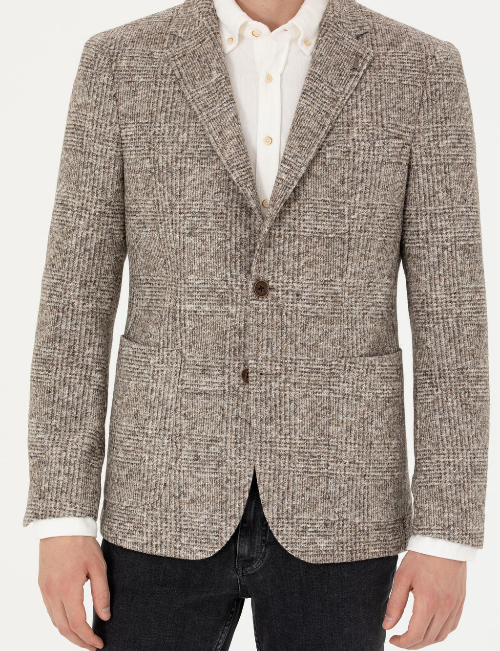 Бежевая приталенная куртка в клетку из смесовой шерсти - Cacharel фото 6