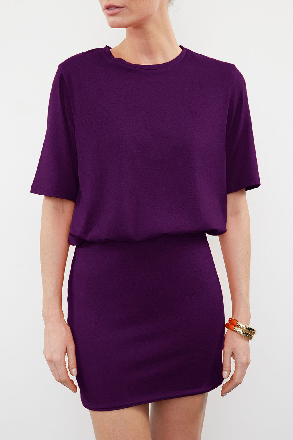 Mor Duz Yumusak Kumasl? Fitted/Vucuda Oturan K?sa Kollu Esnek Orme Elbise TWOSS24EL00756