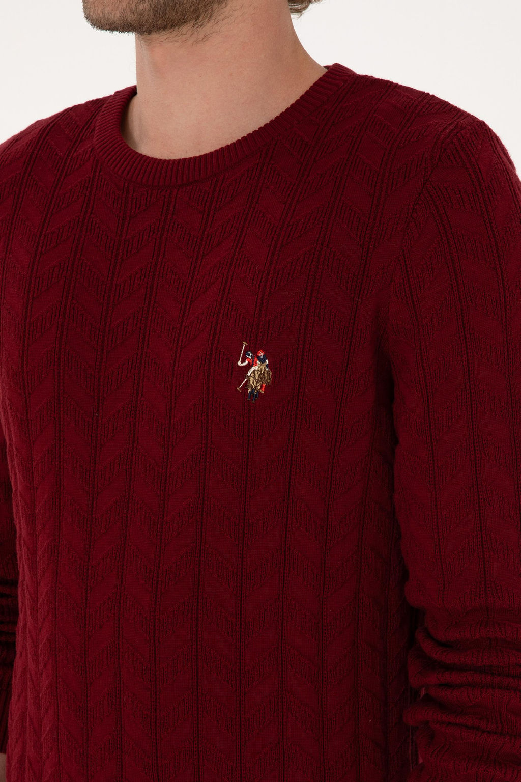 Erkek Slim Fit Bisiklet Yaka Desenli Bordo Kazak - U.s. polo assn фото 7