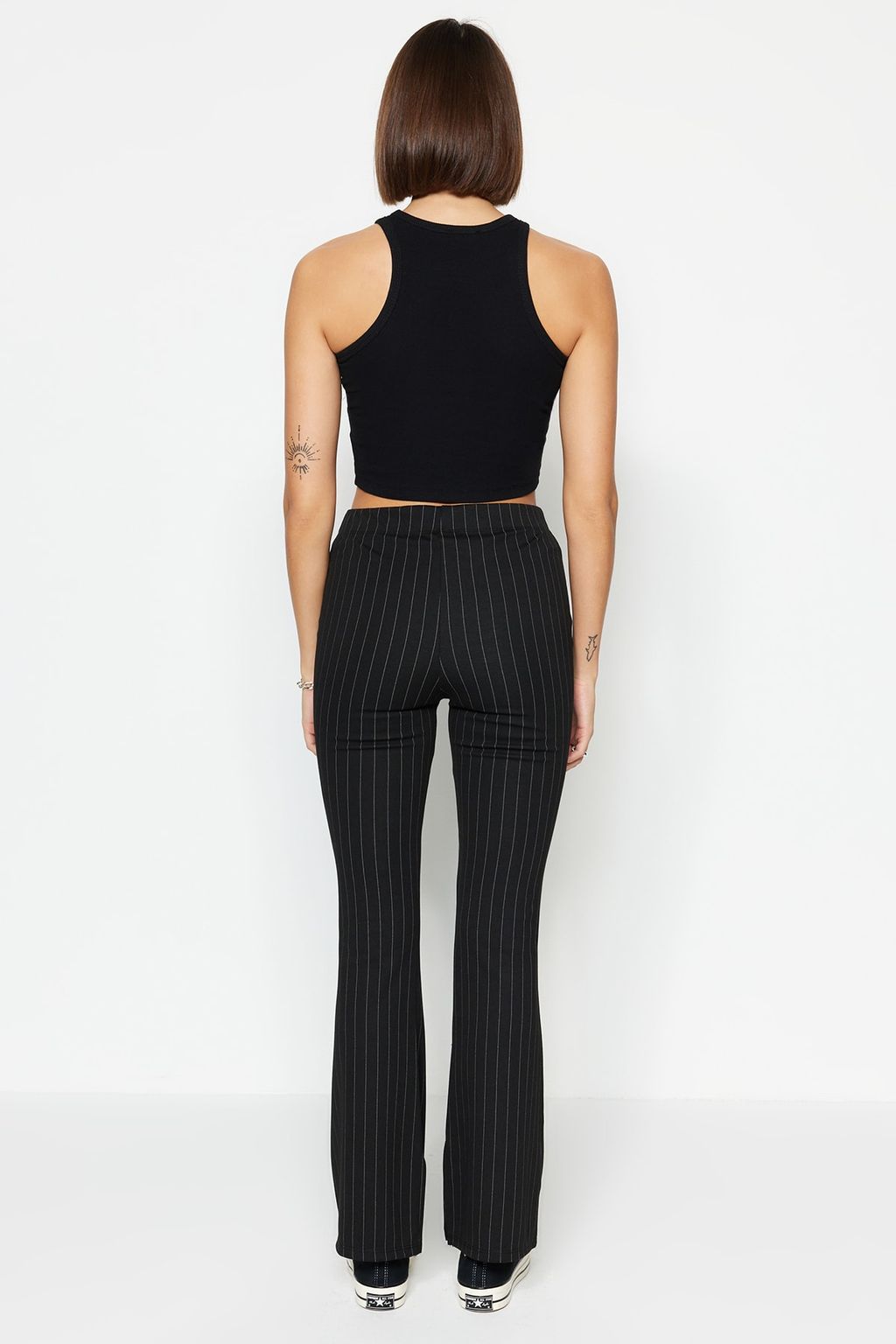 Siyah Smart Y?rtmacl? Flare/Ispanyol Paca Yuksek Bel Cizgili Orme Tayt Pantolon TWOSS23PL00126