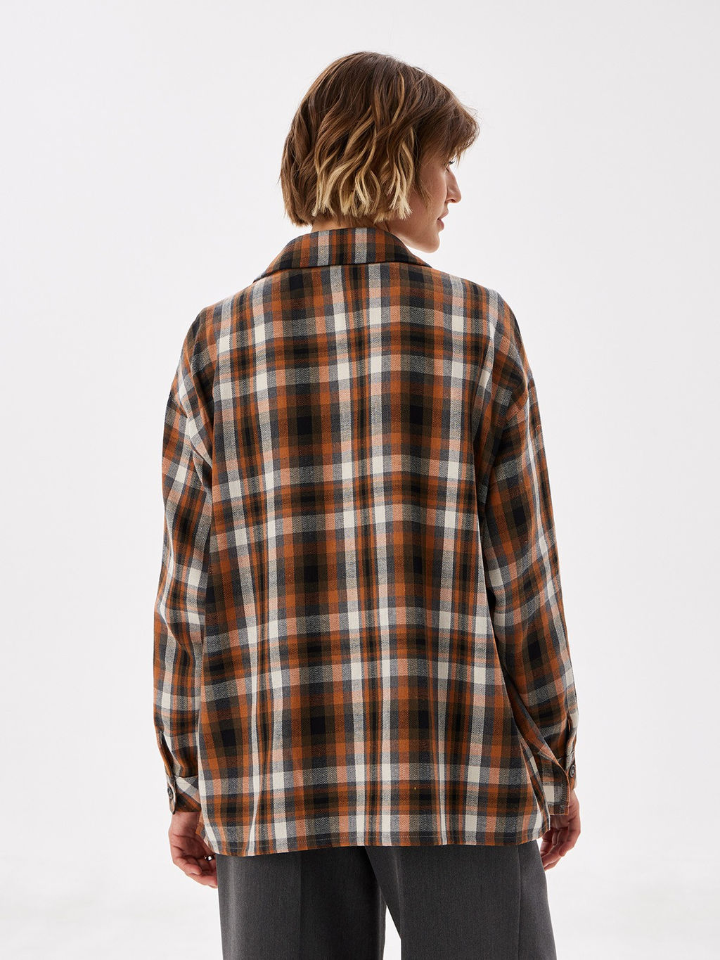 Блузка женская дл. рук. T-lab TL-B-0036F-FR-оранжево-серый, клетка  фото 4