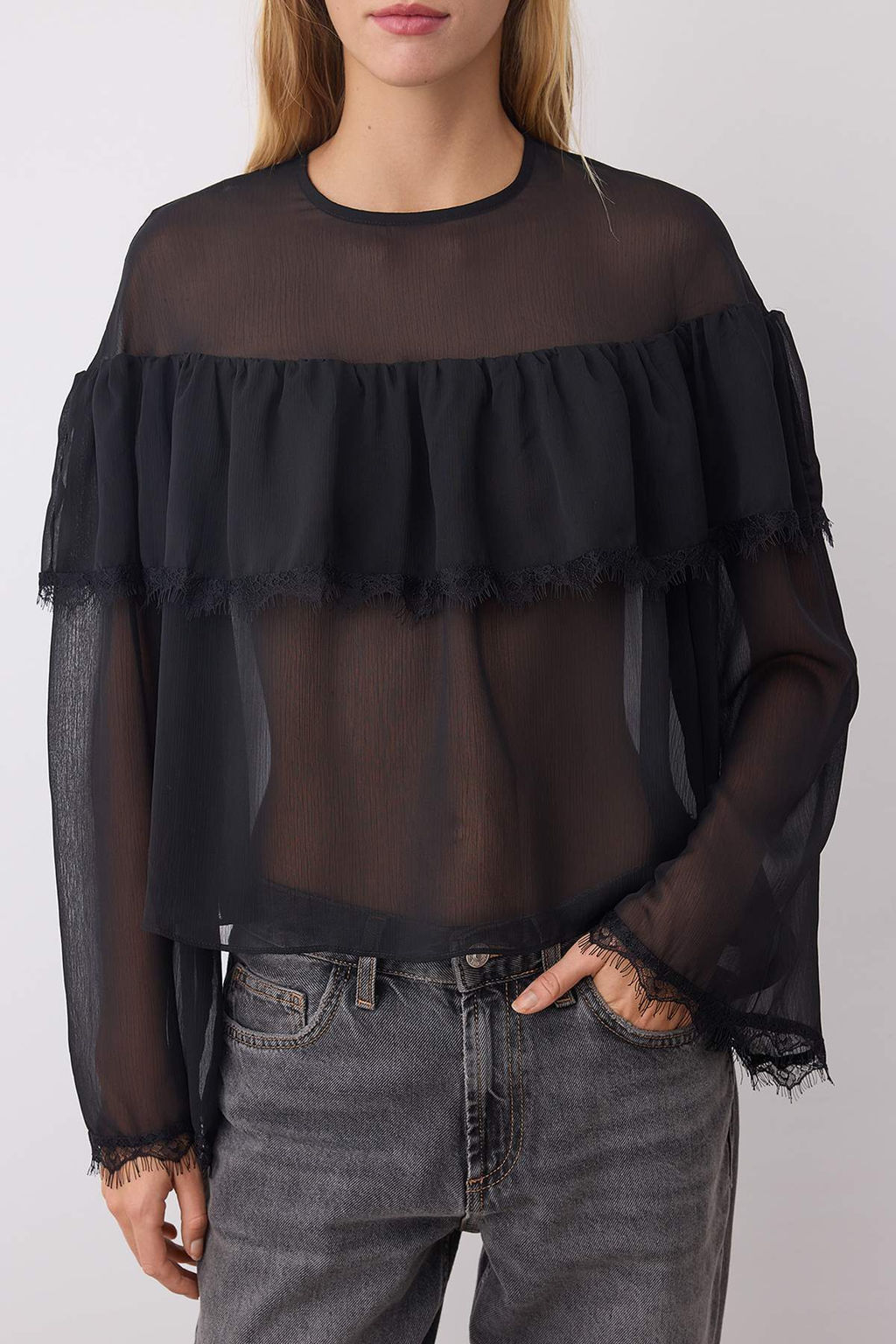 Ekru Sifon Dantel Detayl? Bisiklet Yaka Dokuma Bluz TWOAW26BZ00055 - Trendyolmilla фото 9