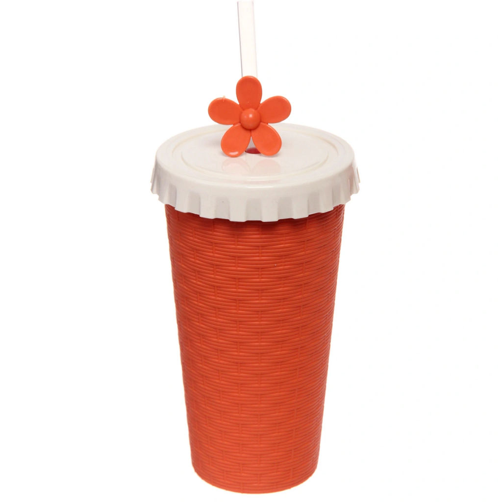 Цена за 6 шт. Стакан пластиковый 520мл "Плетёнка" с трубочкой, цвета микс