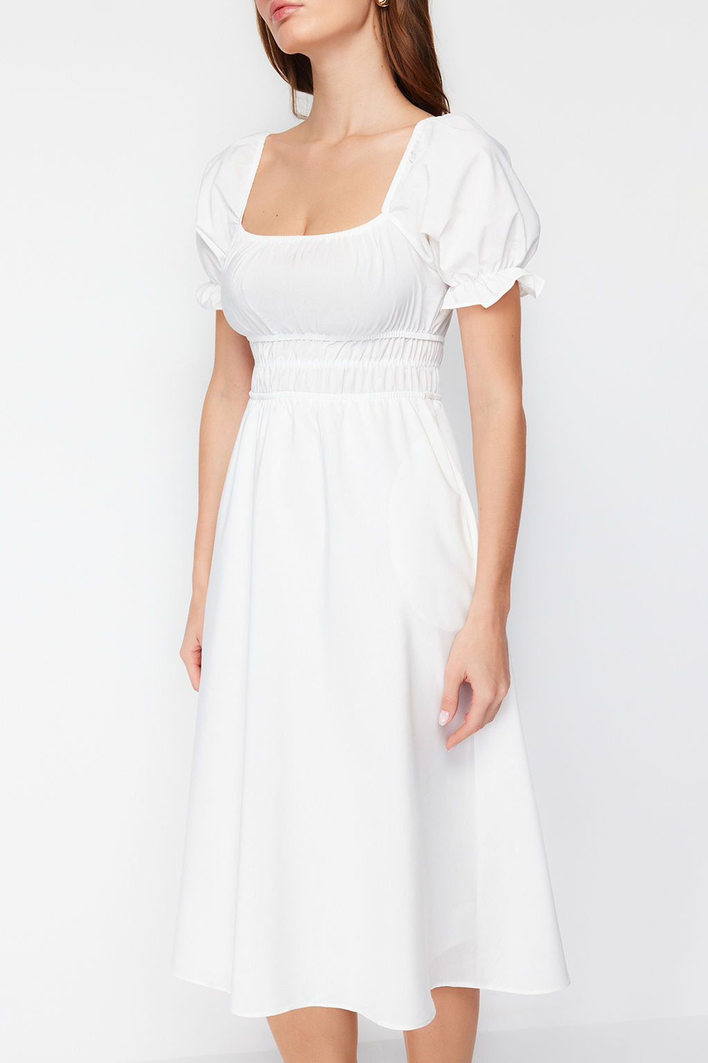 Beyaz Skater/Belden Ac?lan Balon Kollu Astarl? Midi Astarl? Dokuma Elbise TWOSS22EL1768