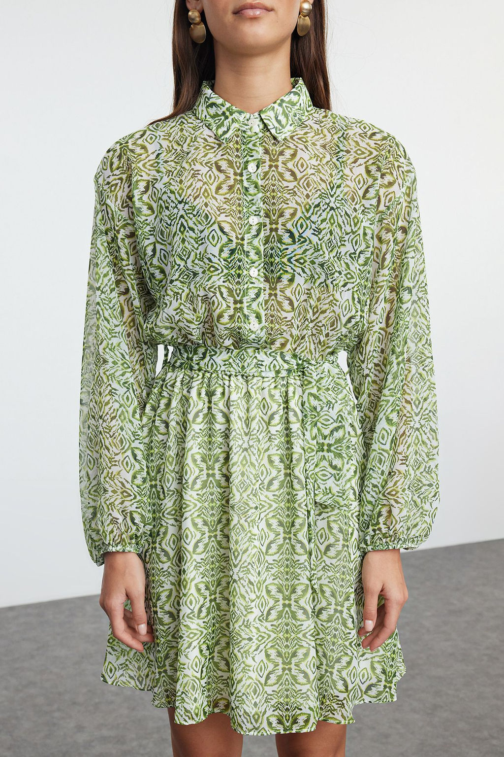 Yesil Belden Ac?lan Mini Astarl? Sifon Dokuma Elbise TWOAW24EL00841