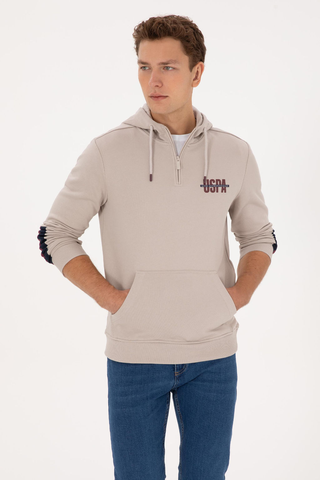 Erkek Regular Fit Yar_m Fermuarl_ Kap__onlu Ta_ Sweatshirt