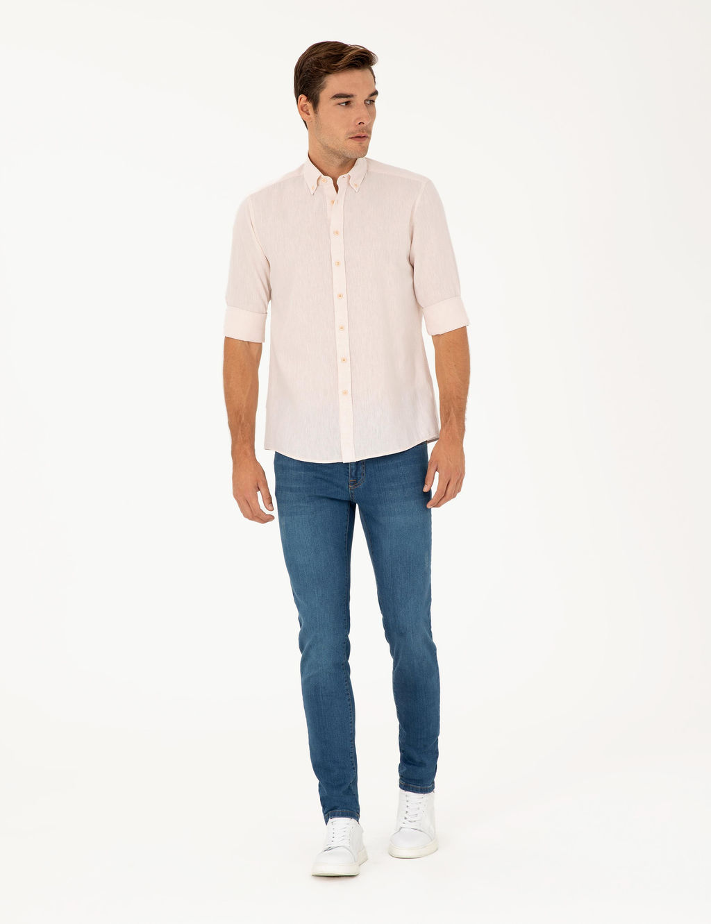 Рубашка Pierre Cardin Regular Fit пудровая с примесью льна