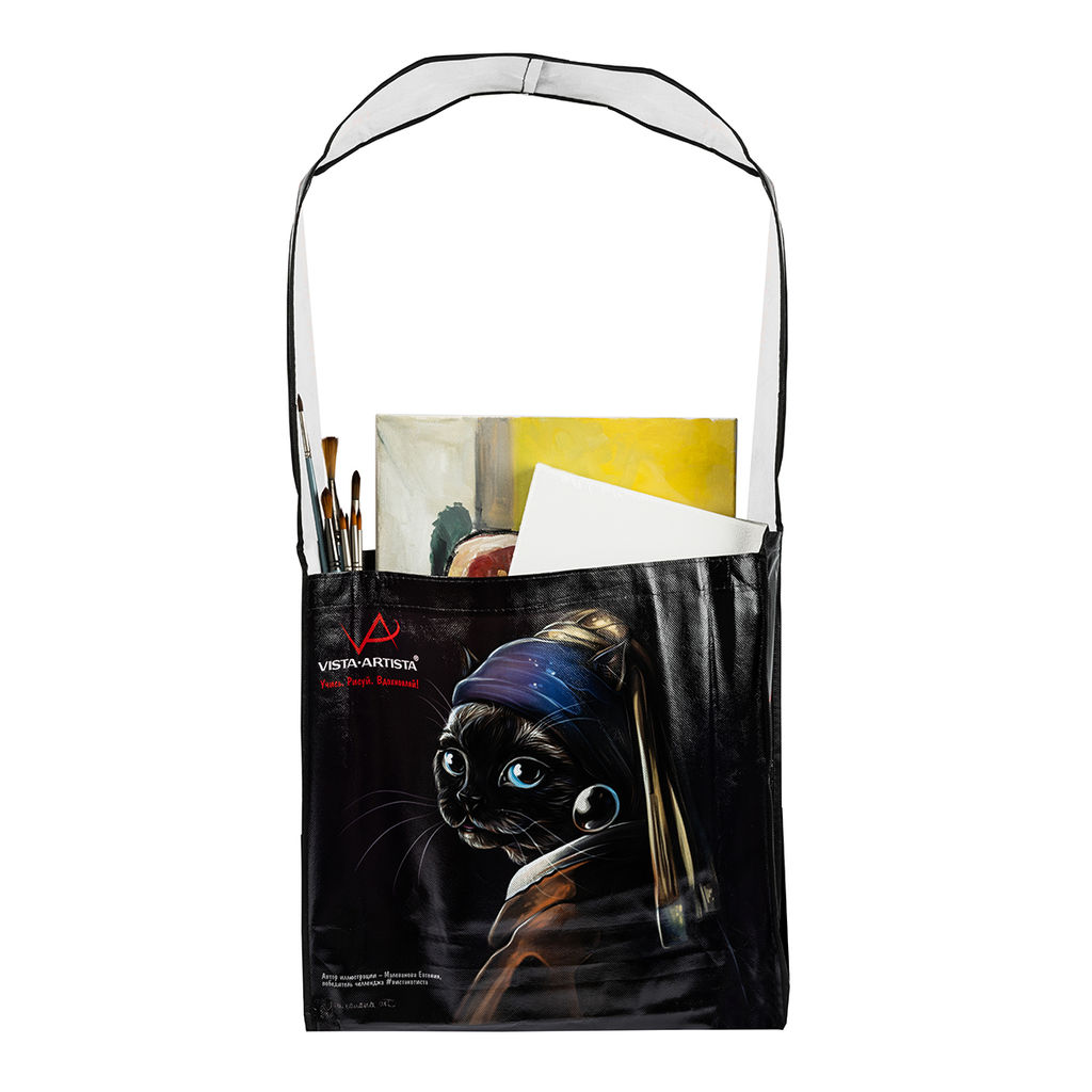 VISTA-ARTISTA Сумка-шоппер сувенирная VASHOP-01 37*40*10 см 100% полиэстер Кошка с жемчужной сережкой  фото 5