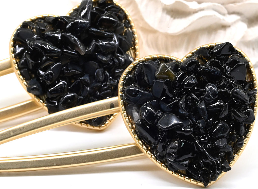 Зажим для волос Сердце с обсидианом черным 7,5*3,3*2см