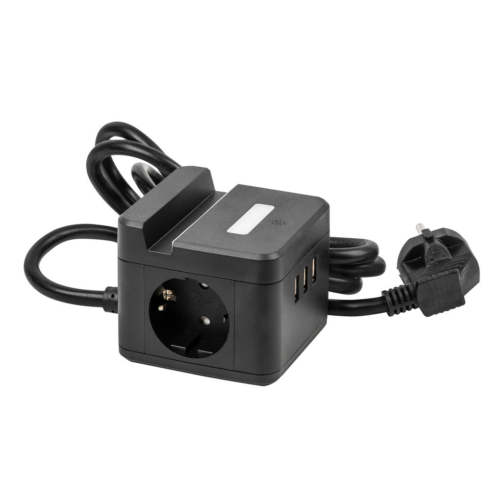S-GCD2-1,5SBUH BLACK Удлинитель серии Standard, с/з, шнур 1,5м, 2 гнезда, 3 USB, 16А, держатель для телефона. Черный. ТМ Uniel