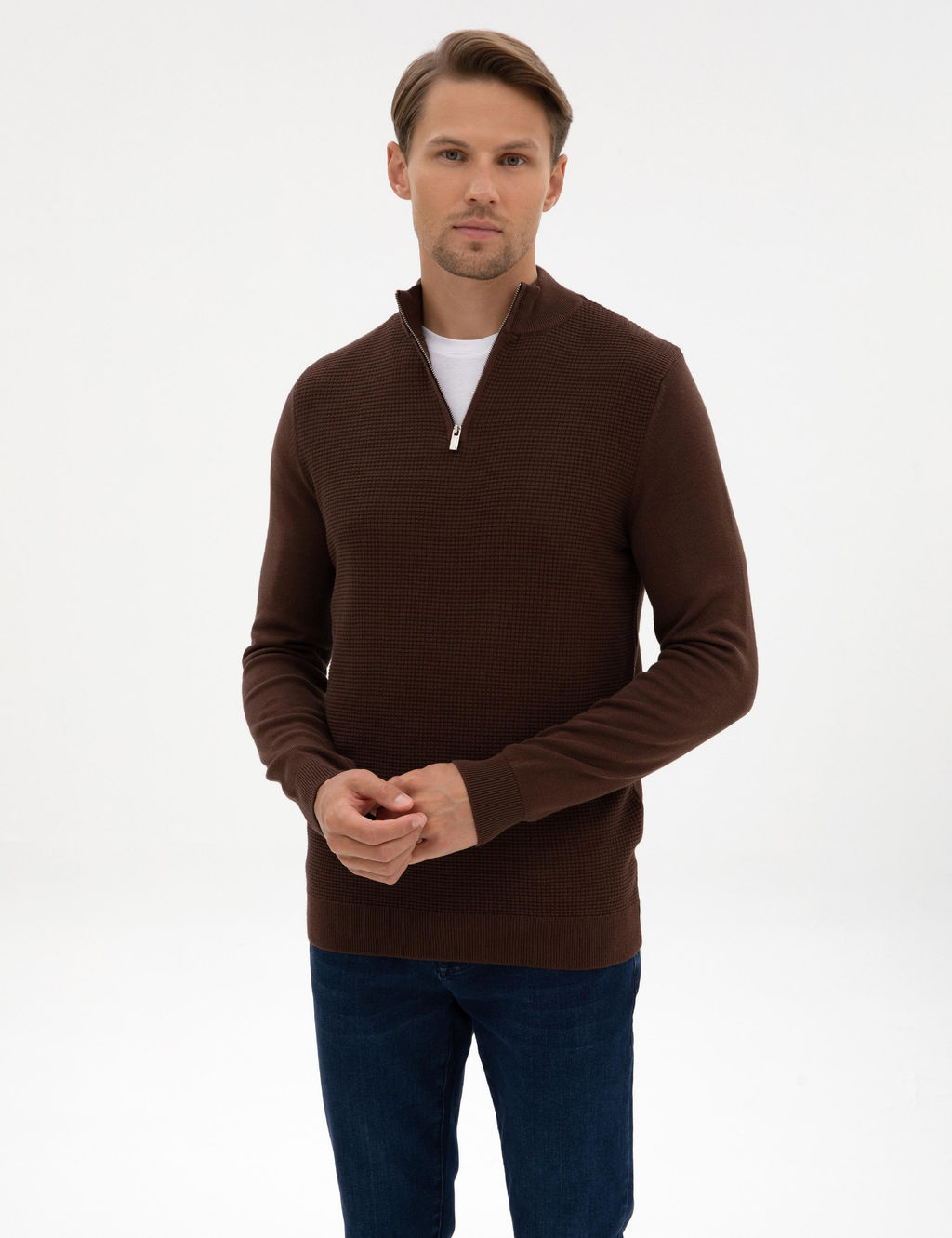 Kahverengi Slim Fit Dik Yaka Fermuarl_ Triko Kazak