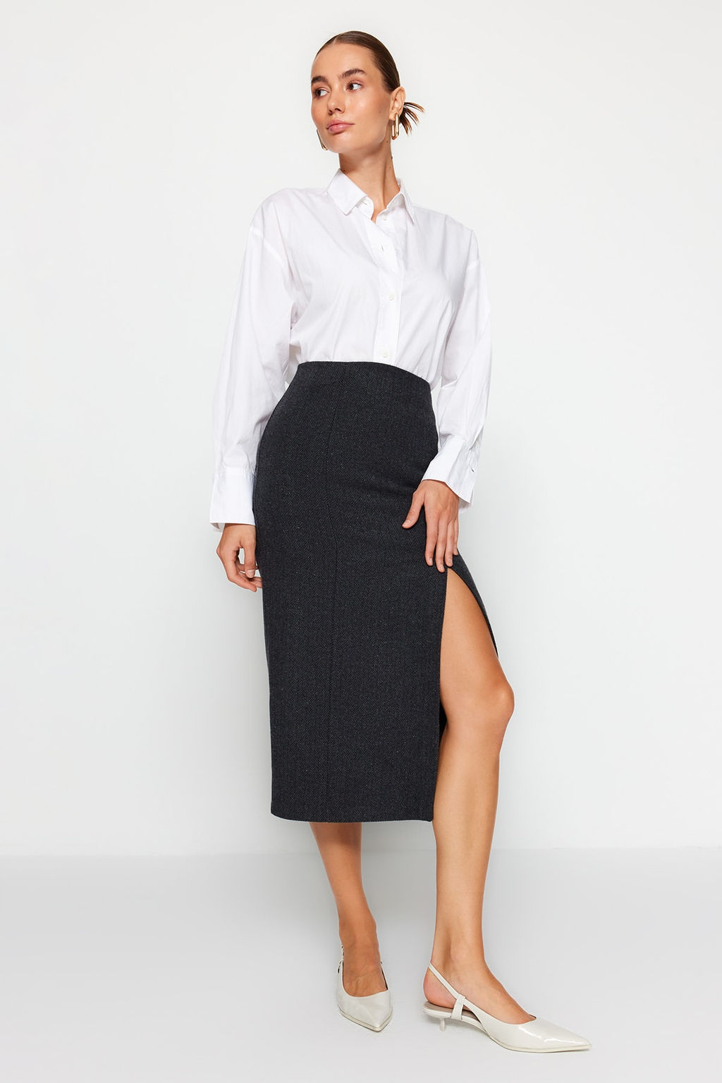 Siyah Kase Kumas Y?rtmac Detayl? Midi Dokuma Etek TWOAW24ET00231 - Trendyolmilla фото 2