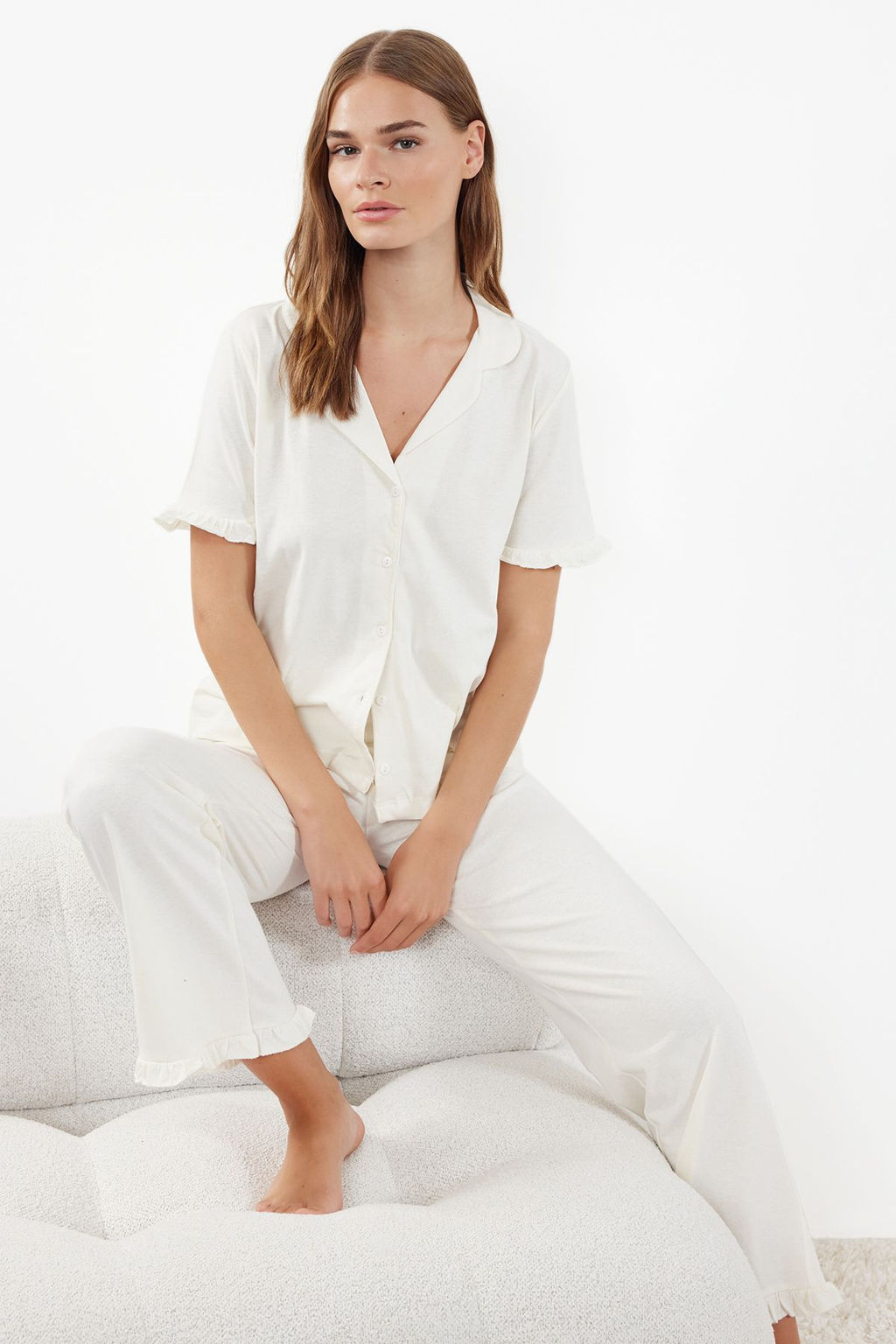 Trendyolmilla Mint %100 Pamuklu F?rf?r Detayl? Orme Pijama Tak?m? THMSS24PT00223