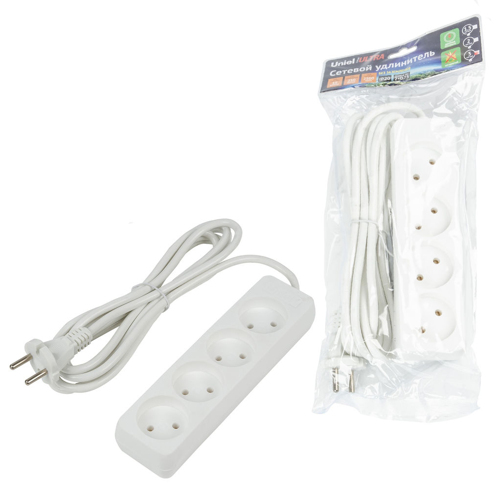 S-CU4-3 WHITE Удлинитель серии Ultra, шнур 3м., 4 гнезда, 10A, б/з. Белый. TM Uniel