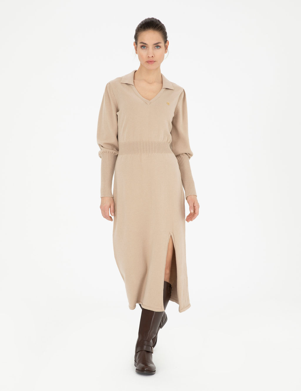 Krem Regular Fit Triko Elbise