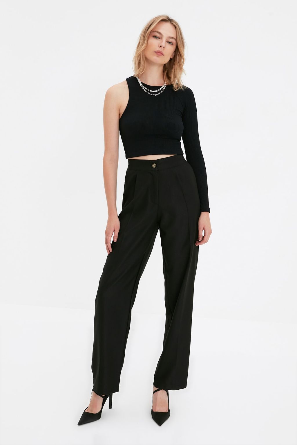 Siyah Straight/Duz Kesim Dokuma Kumas Pantolon TWOAW22PL0321