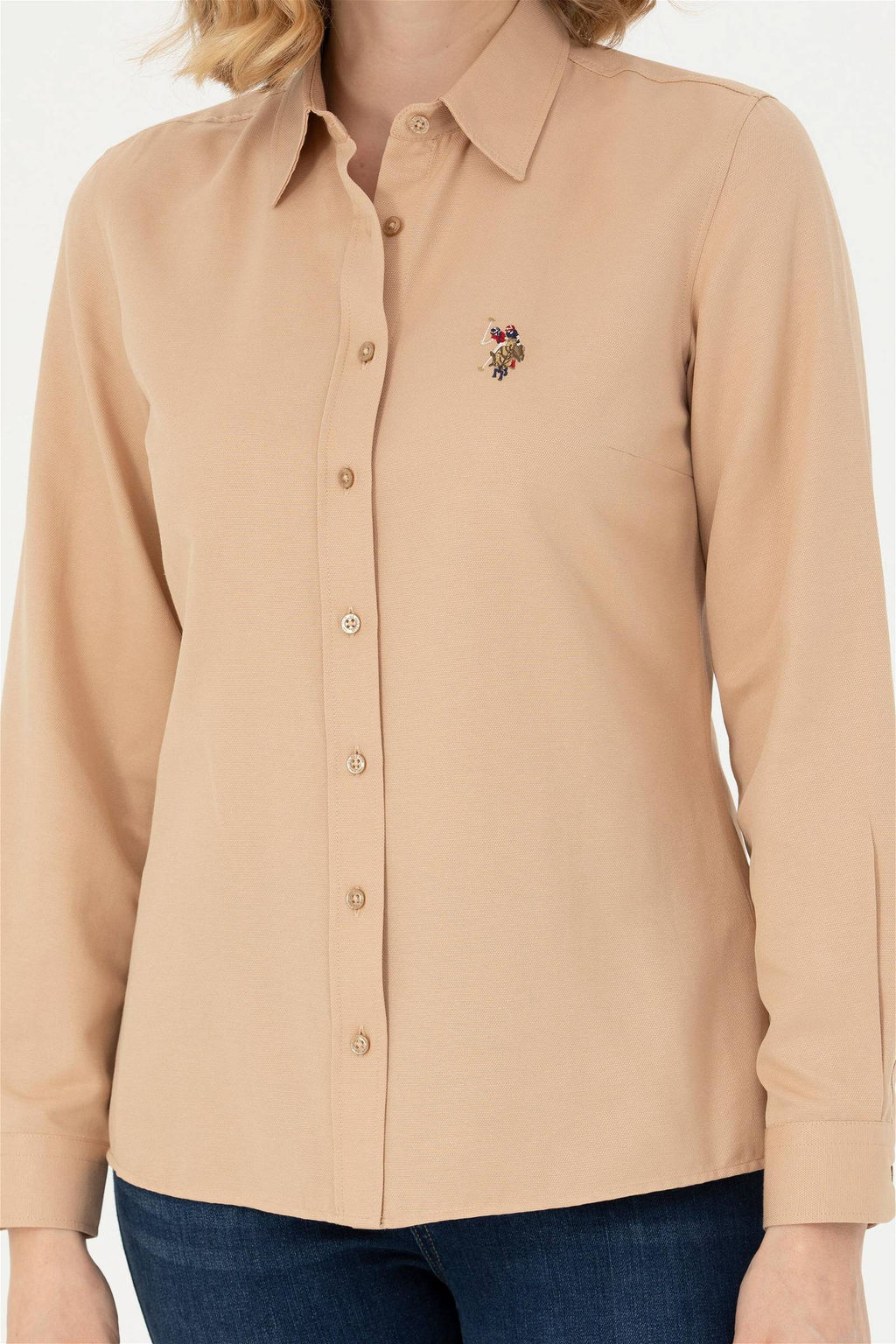 Женская базовая рубашка песочного цвета с длинным рукавом - U.s. polo assn фото 6