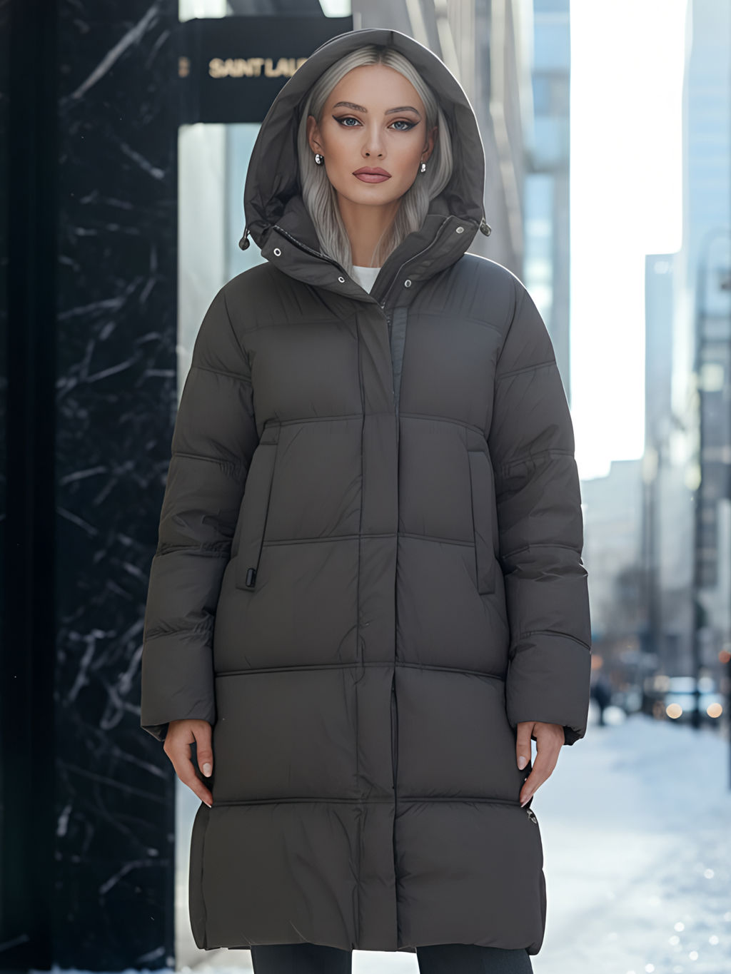 Пальто зимнее утепленное с капюшоном женское темно-коричневого цвета 7618TK - Visdeer фото 21