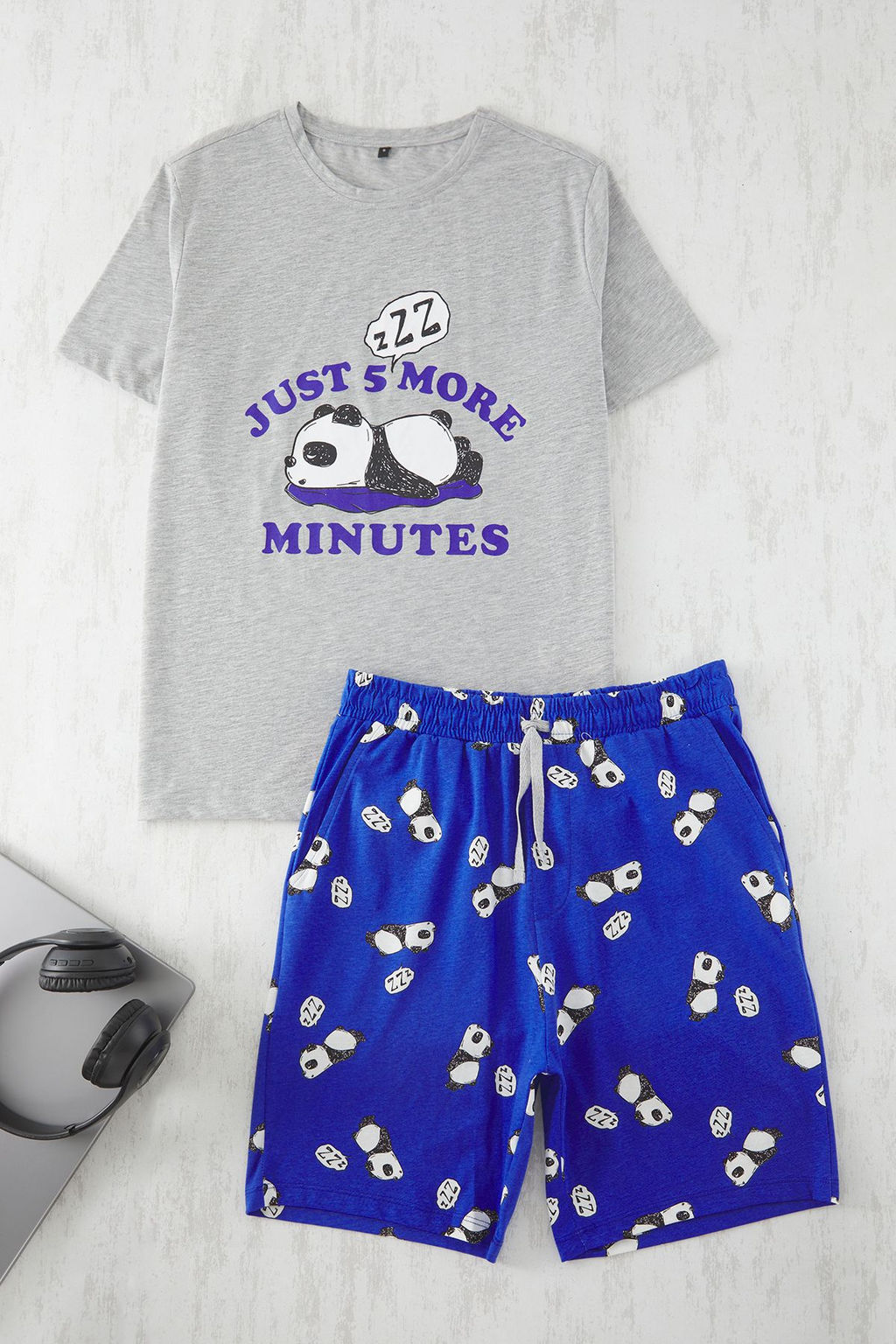 Trendyolmilla Man Gri Slim Fit Fit Panda Bask? Sortlu Orme Pijama Tak?m? TMNSS25PT00063  фото 2