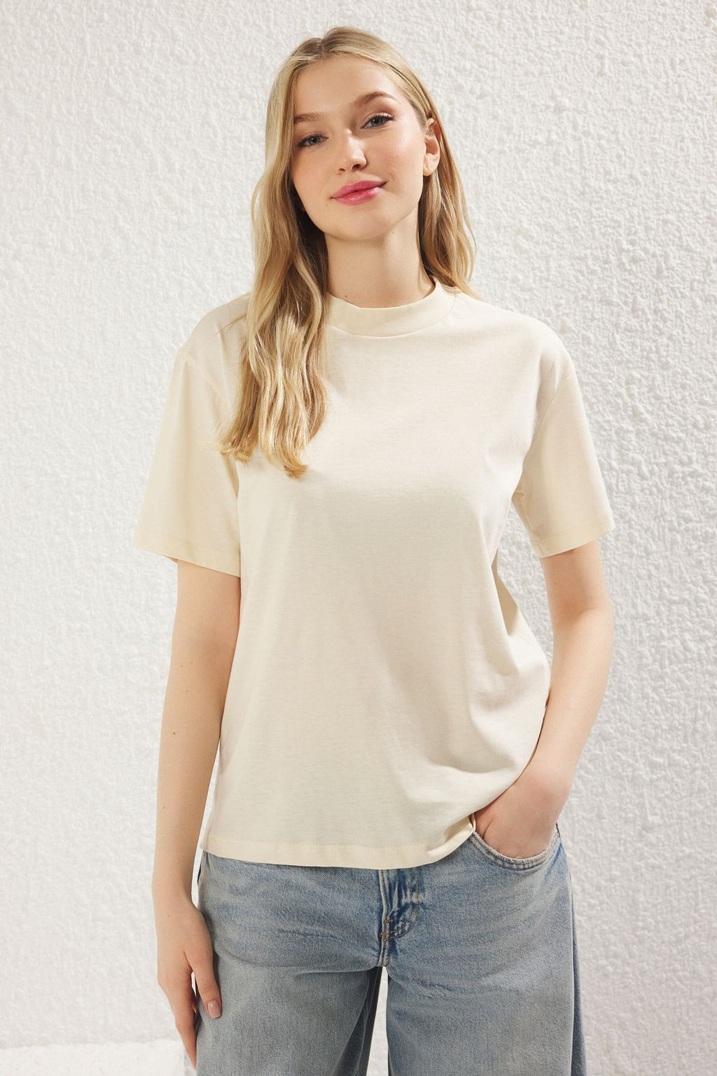 Yag Yesili-Ac?k Tas 2li Paket %100 Pamuk Basic Dik Yaka Orme T-Shirt TWOSS20TS1500