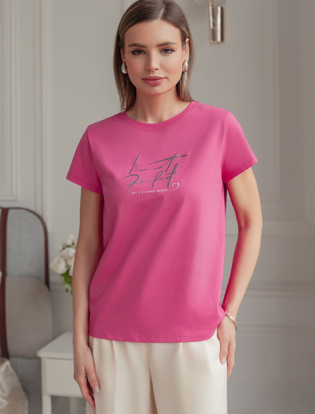 Футболка Vilatte с принтом из хлопка розовая фуксия  фото 4