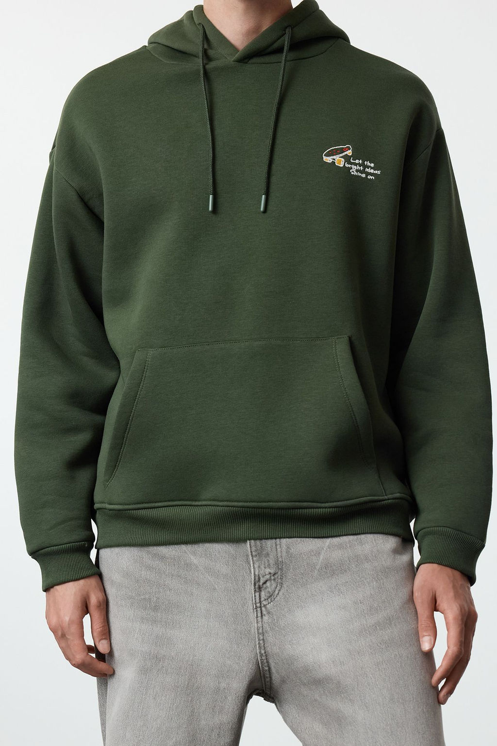 Haki Oversize/Genis Kesim Nak?sl? Ici Polarl? Kapusonlu Sweatshirt TMNAW25SW00016