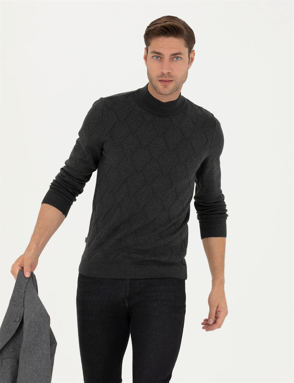 Antrasit Melanj Slim Fit Yar_m Bal_k__ Yaka Triko Kazak