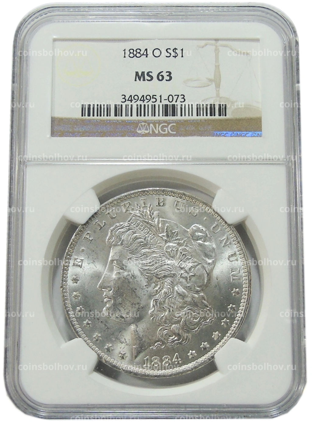 Монета 1 доллар 1884 года О США Доллар Моргана (в слабе NGC MS 63)