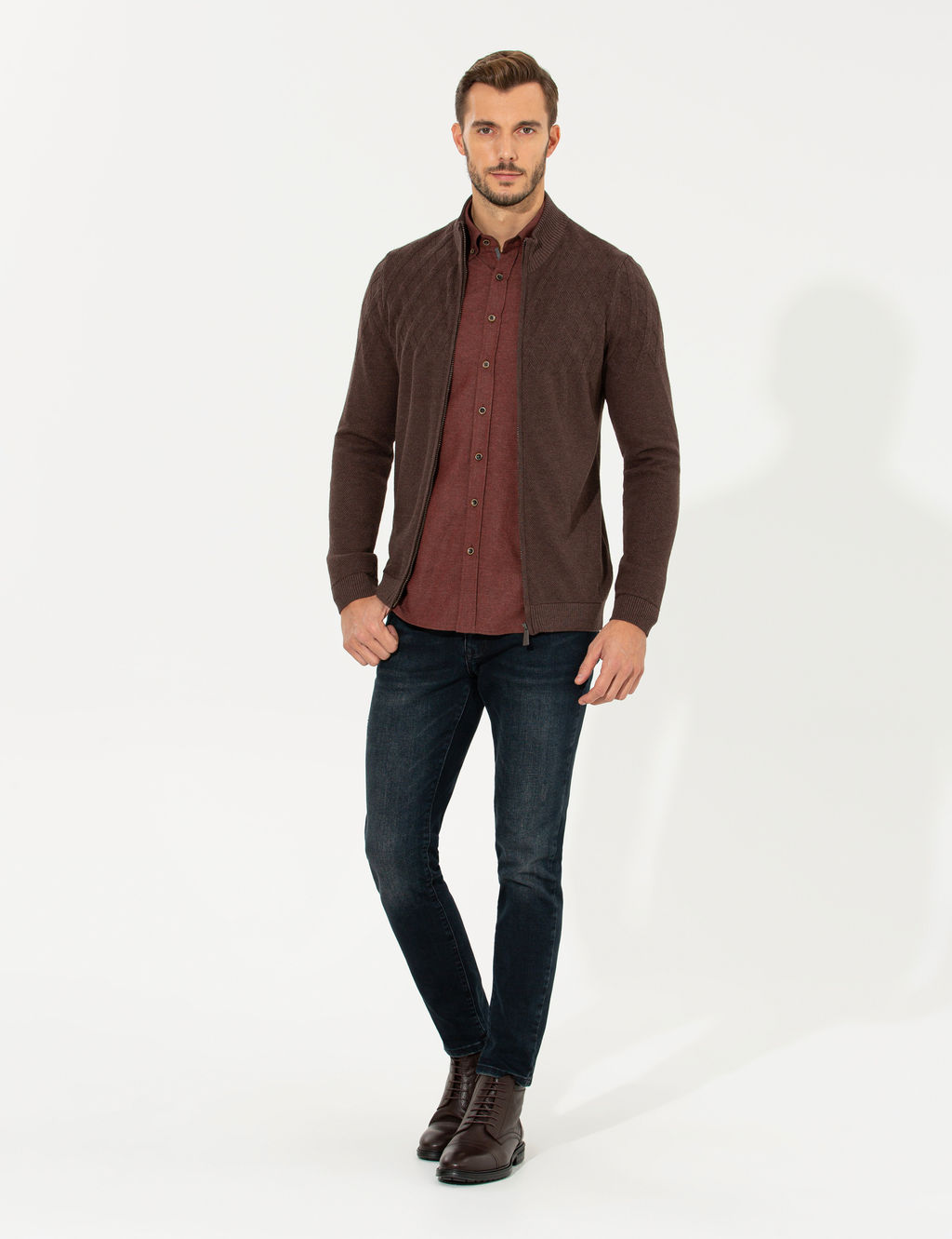 A__k Kahverengi Slim Fit Fermuarl_ Triko H_rka