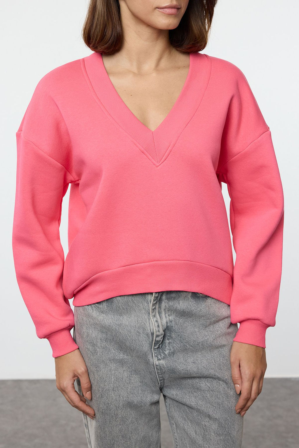 Trendyolmilla Pembe Basic Regular/Normal Kal?p V yaka Kal?n Ici Polarl? Orme Sweatshirt TWOAW25SW00214 фото 3