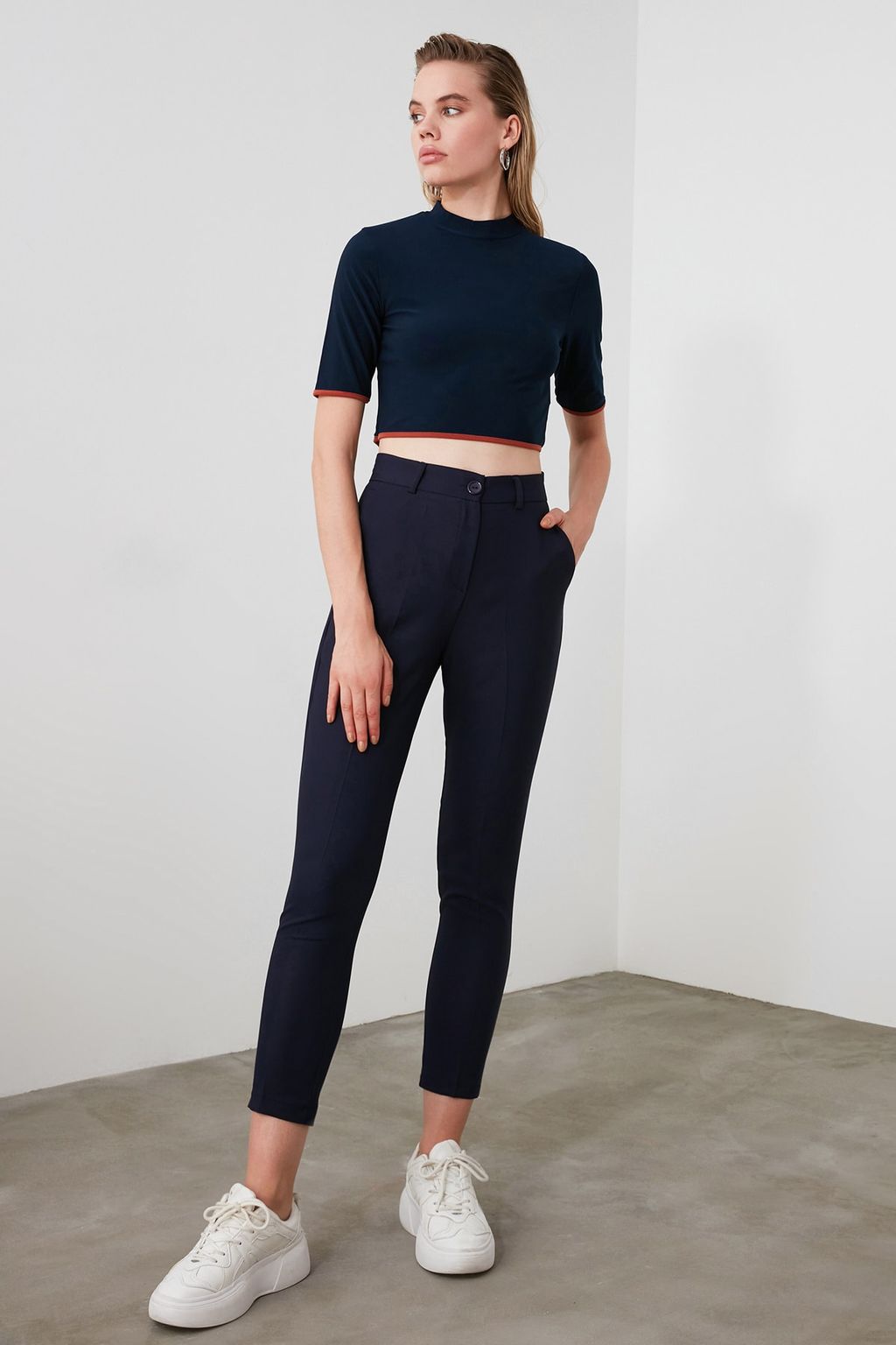 Lacivert Basic Cigarette Dar Paca Dokuma Kumas Pantolon TWOSS19ST0038
