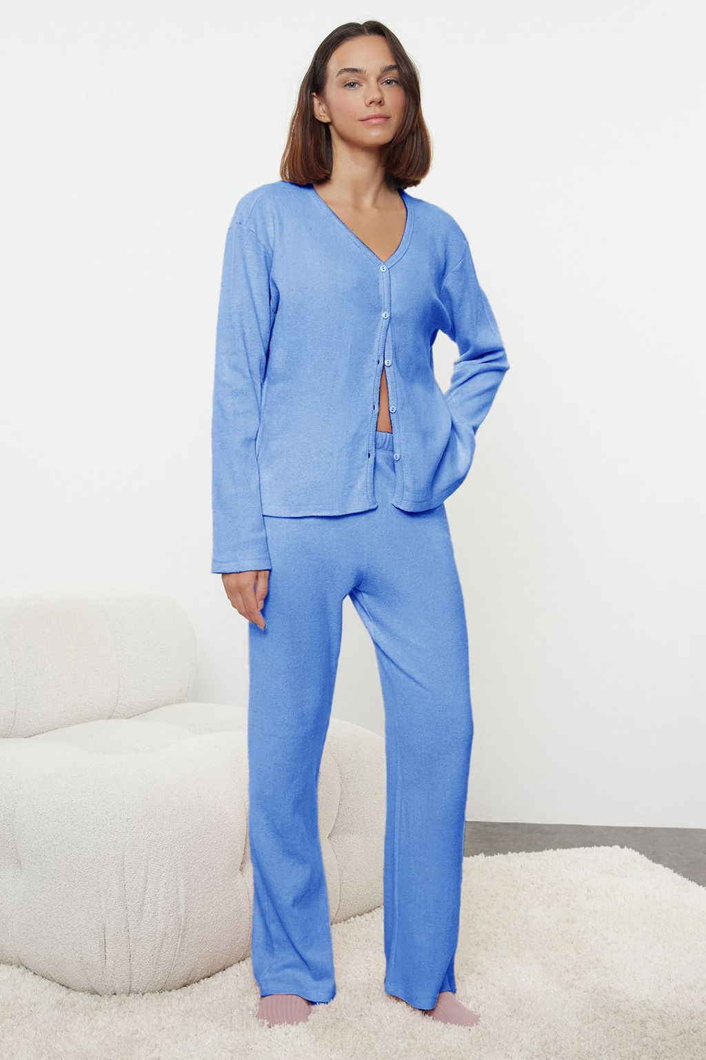 Mavi Pamuklu F?rcal? Soft Fitilli H?rka Orme Pijama Tak?m? THMAW25PT00074