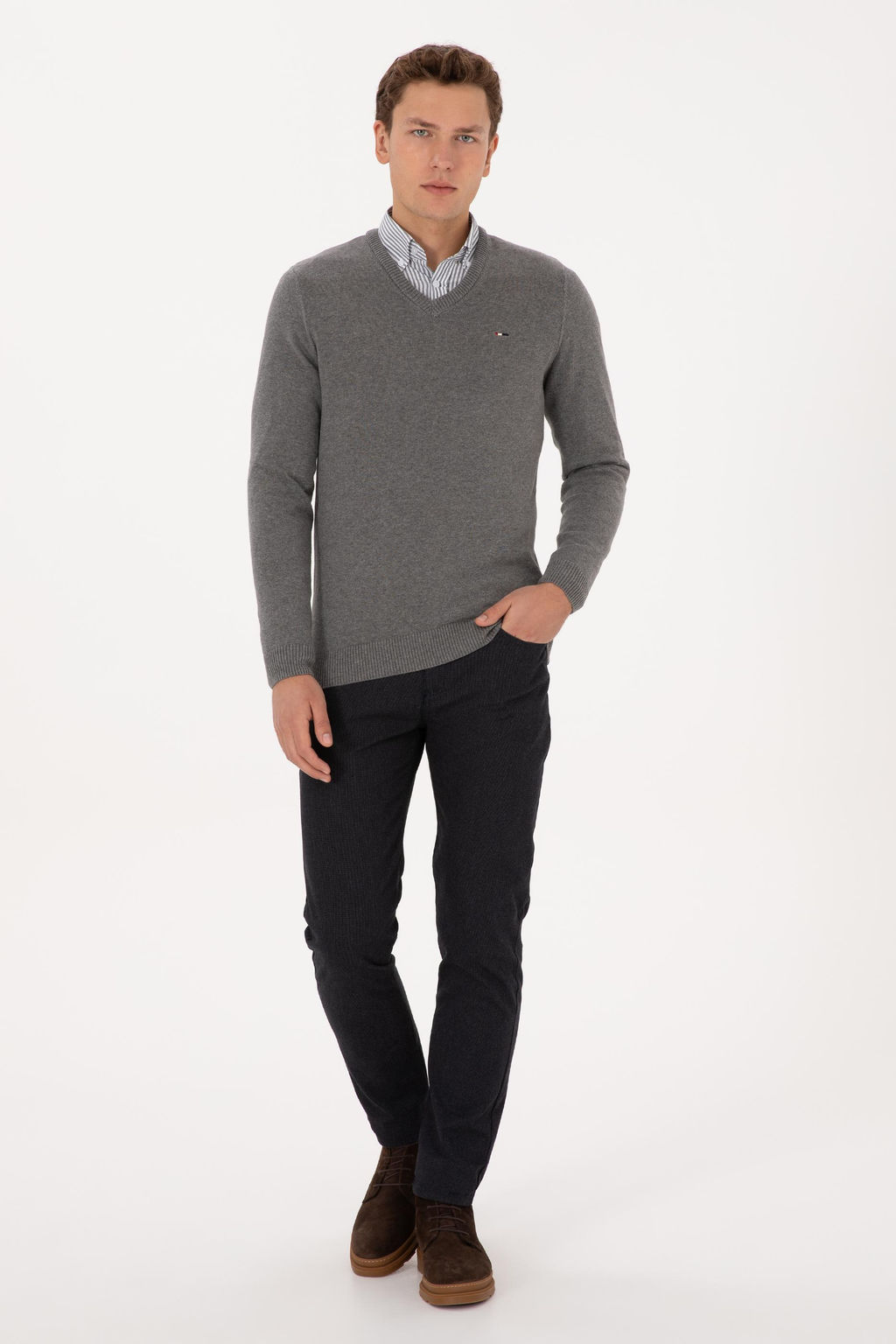Erkek Slim Fit V Yaka Gri Melanj Basic Kazak - U.s. polo assn фото 4