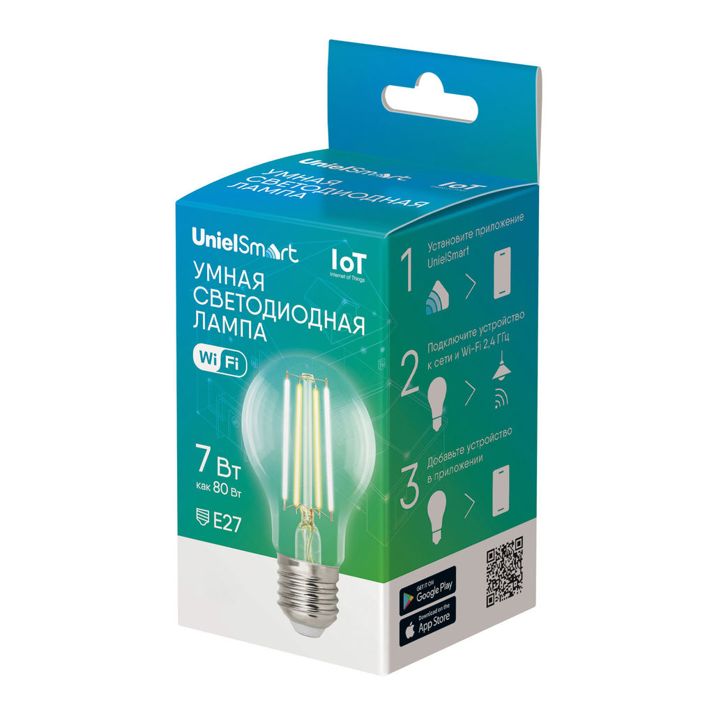 LED-A60-7W/SW/E27/230V/WF/CL GLS81TR Умная лампа светодиодная Wi-Fi+Bluetooth, диммируемая. Форма "А", прозрачная. Стеклянная колба. 2700-6500K. Голосовое управление+приложение UnielSmart. TM Uniel