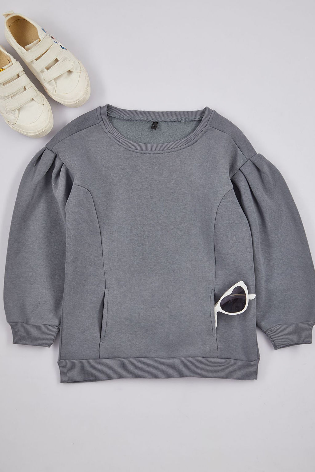 Indigo K?z Cocuk Kol Buzgulu Cepli Pamuklu Orme Sweatshirt TKDAW25SW00025