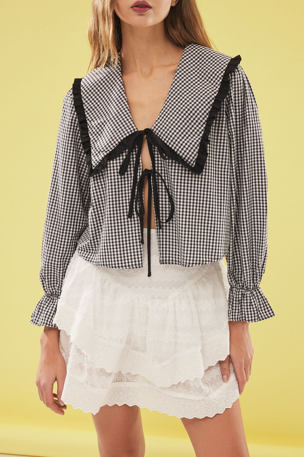 TRENDYOLMILLA Siyah Buyuk Yaka Detayl? Potikare Desen Regular Normal Kal?p Dokuma Gomlek TWOSS25GO00077 фото 4